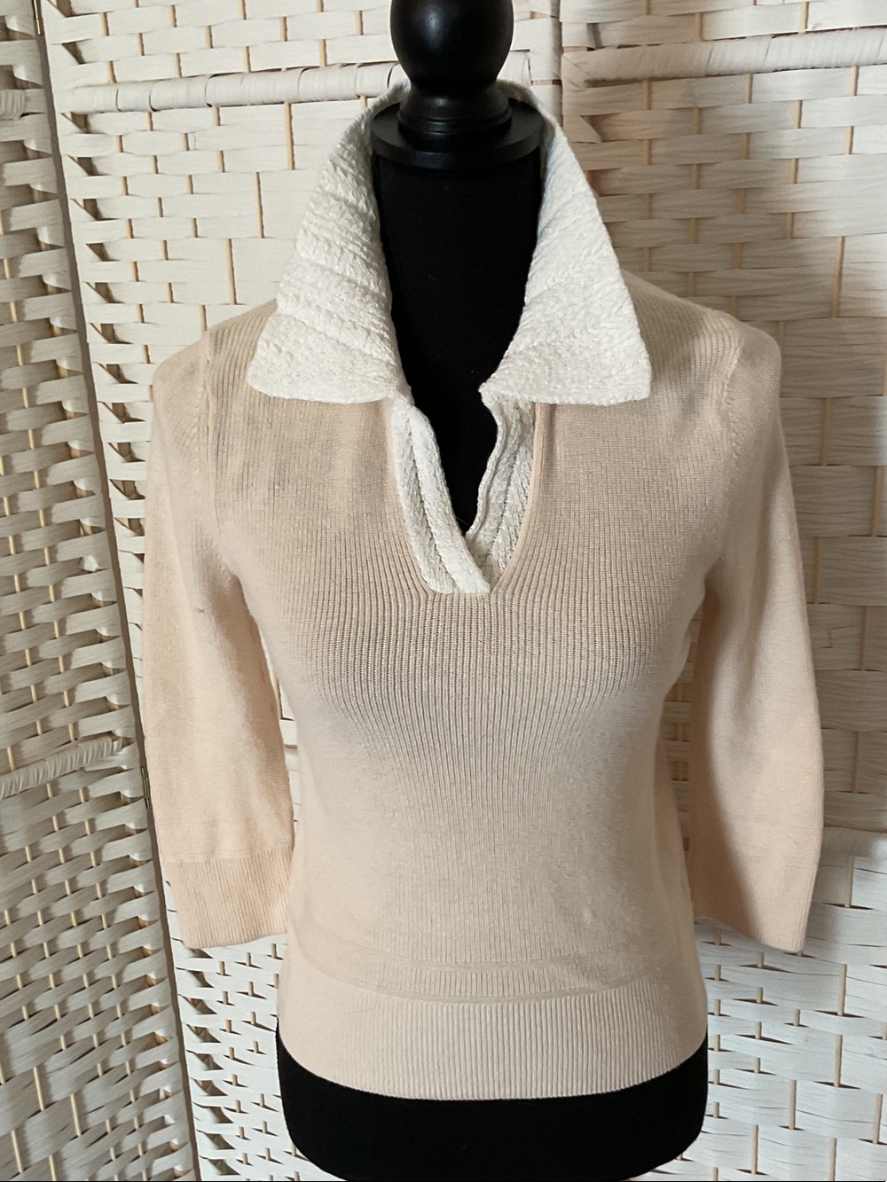 Joie Cream V-Neck Pullover with Textured Collar